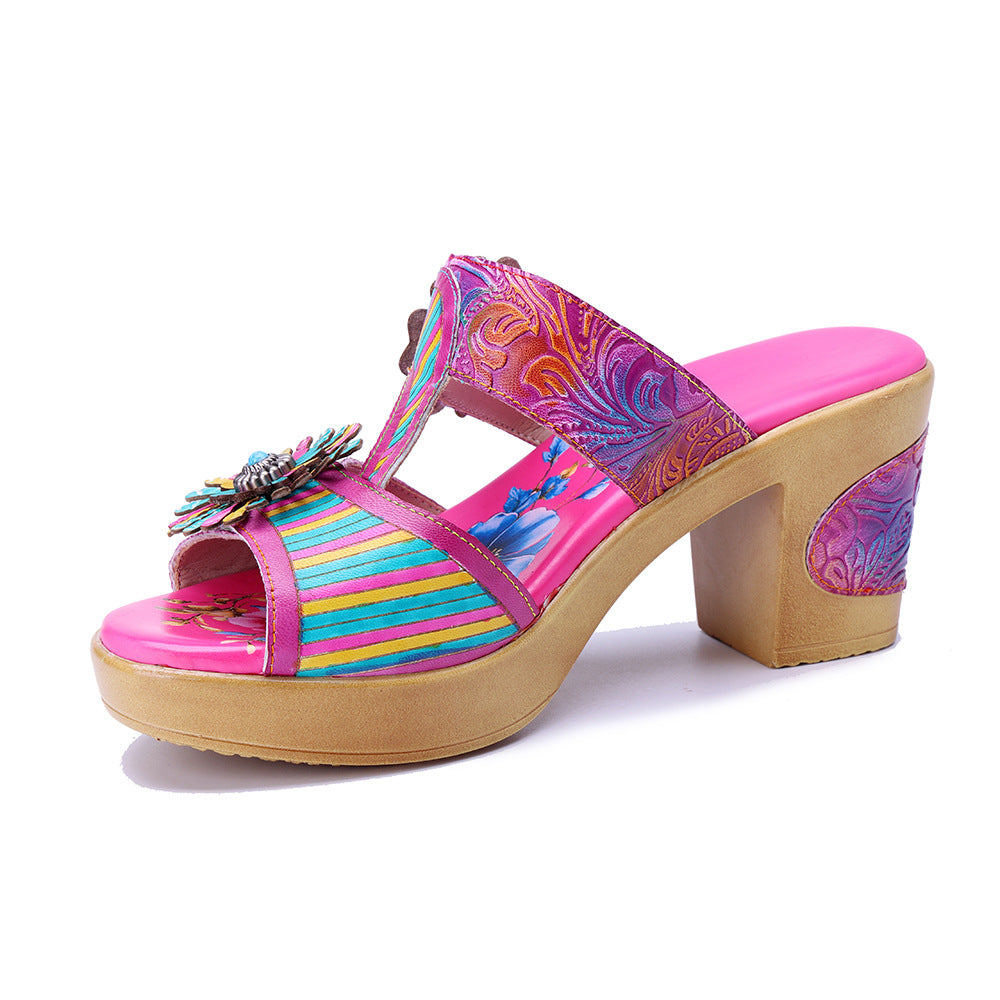 Socofy Retro Handmade Leather Flower High Heel Slippers