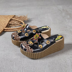 Socofy Handmade Ethnic Style Leather Floral Platform Slippers