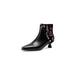 Socofy Handmade Floral Leather Ethnic Mid Heel Boots
