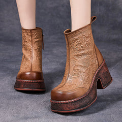 Socofy Vintage Leather Printed High Heel Short Boots