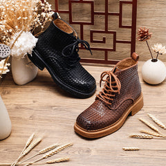 Socofy Retro Leather Mid Heel Martin Boots