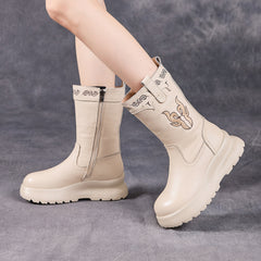 Socofy Top Grain Leather Retro Floral Embroidery Boots