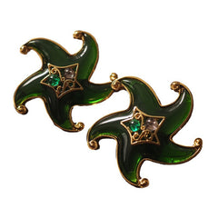 Starfish and Starfish Glass Emerald Ear Clips