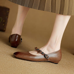 Socofy Spring Autumn Square Toe Leather Flat Heel Shoes