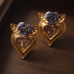 Vintage Love Heart Dark Night Rose Ear Clips
