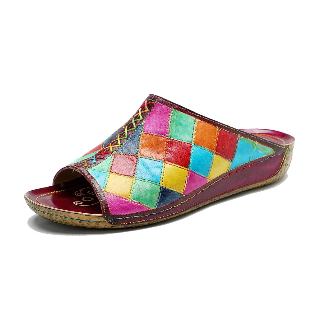 Socofy Genuine Leather Outside Slides Summer New Handmade Retro Contrasting Plaid Comfortable Flat Slippers