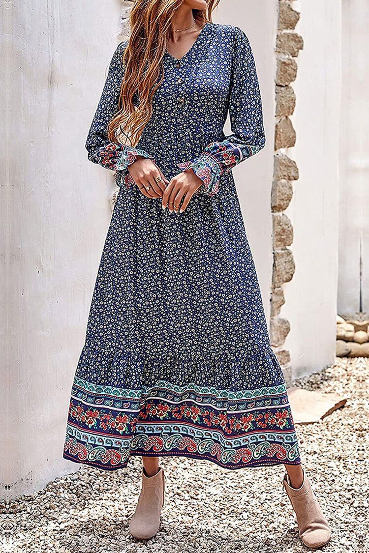 V Neck Boho Floral Print Fall Maxi Dress – socofy