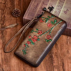 Socofy Vintage Women Genuine Leather Wallets Embossed Long Zipper Wallet Ladies Purse Cards Holder