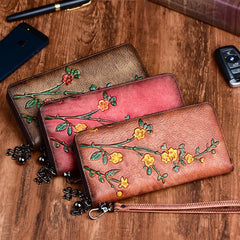 Socofy Vintage Women Genuine Leather Wallets Embossed Long Zipper Wallet Ladies Purse Cards Holder