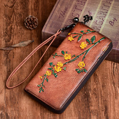 Socofy Vintage Women Genuine Leather Wallets Embossed Long Zipper Wallet Ladies Purse Cards Holder
