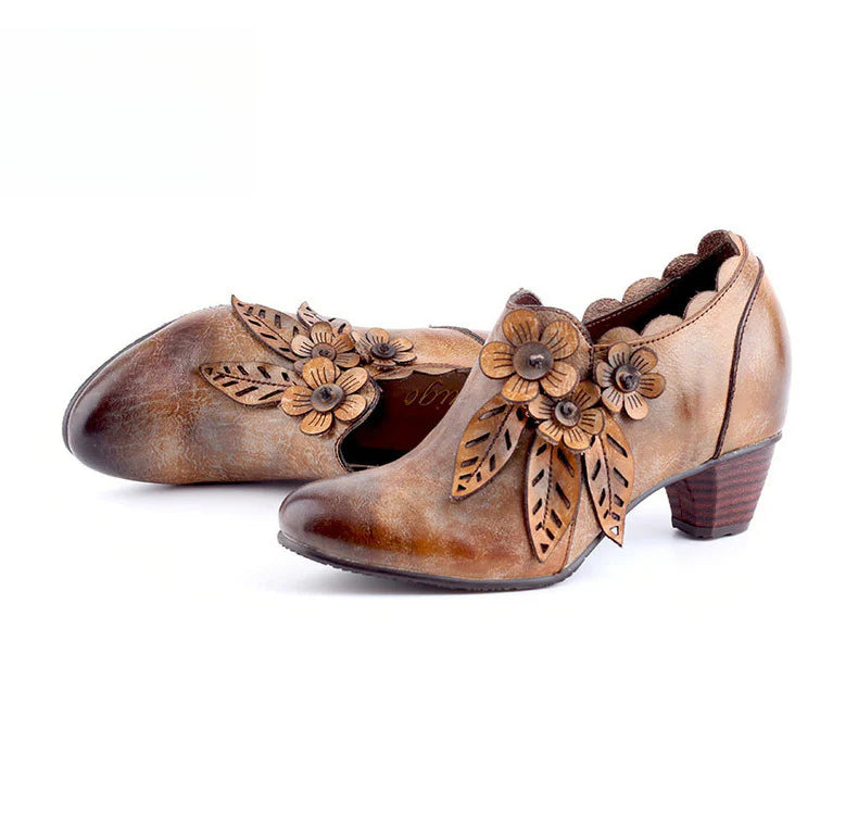 Socofy Genuine Leather Handmade Vintage Fashion Side Zipper High Heels Women's Shoes