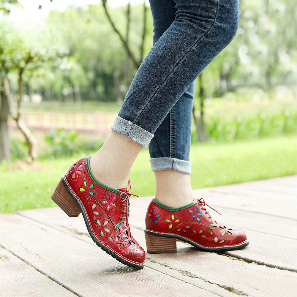Socofy New style genuine leather retro contrasting hollow lace-up women's shoes