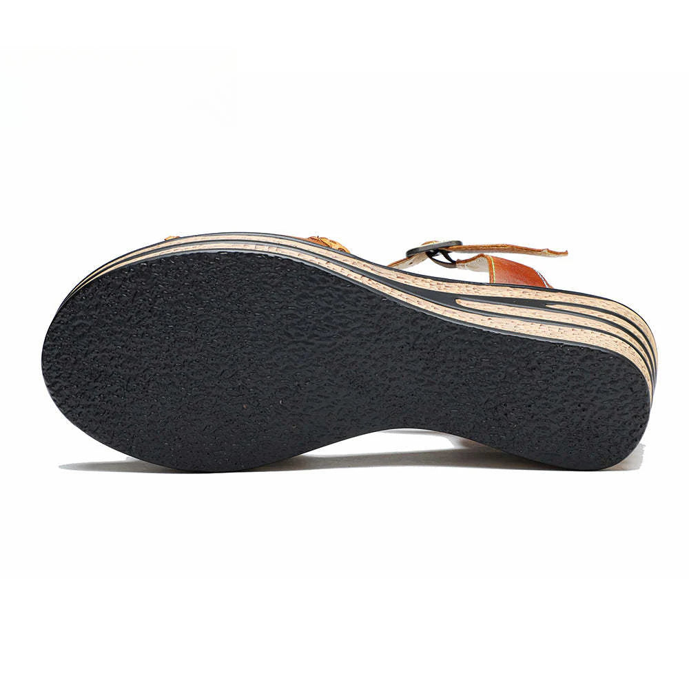 Socofy summer on leather retro three-dimensional flowers casual comfortable sloping sandals