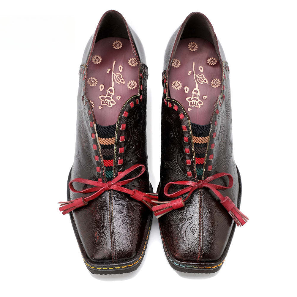 Socofy spot genuine leather bow tassel retro palace style thick heel women's high heels