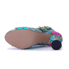 Socofy Vicconfy Leather Floral Fish Mouth Lake Green Heeled Sandals