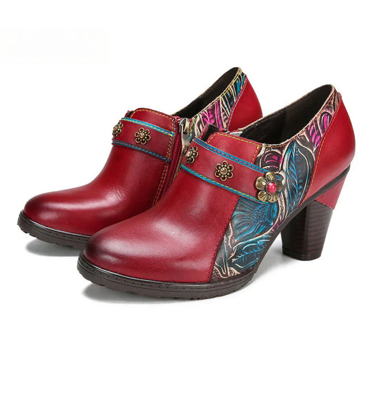Socofy Vicconfy Genuine Leather Flower Buckle Side Zipper Pumps 790