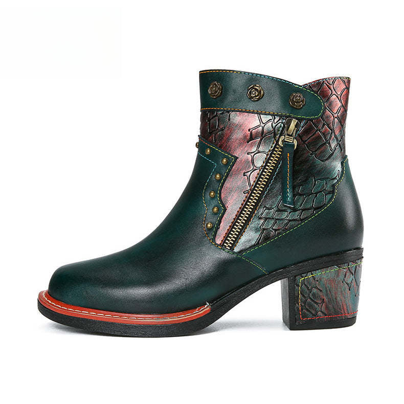 Socofy Vicconfy Women's Martin Boots Leather Patchwork Ethnic Vintage Short Boots
