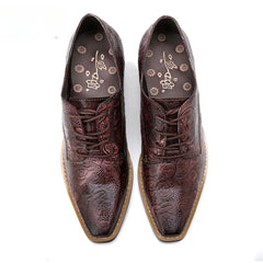 Socofy leather retro British style dark flower texture women's thick heel flat shoes