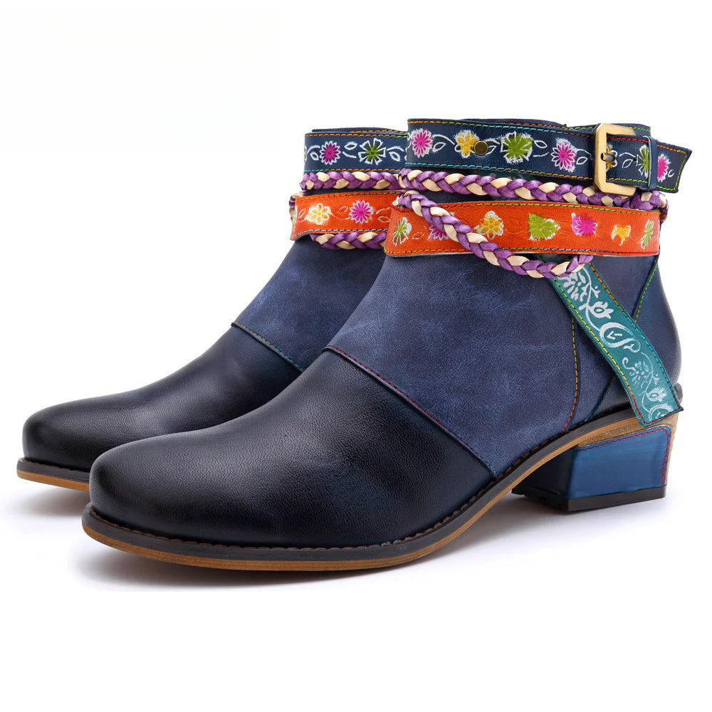 Socofy Vicconfy Genuine Leather Braided Strap Cowboy Style Women's Boots