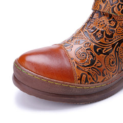 Socofy Winter Leather Vintage Printed Boots