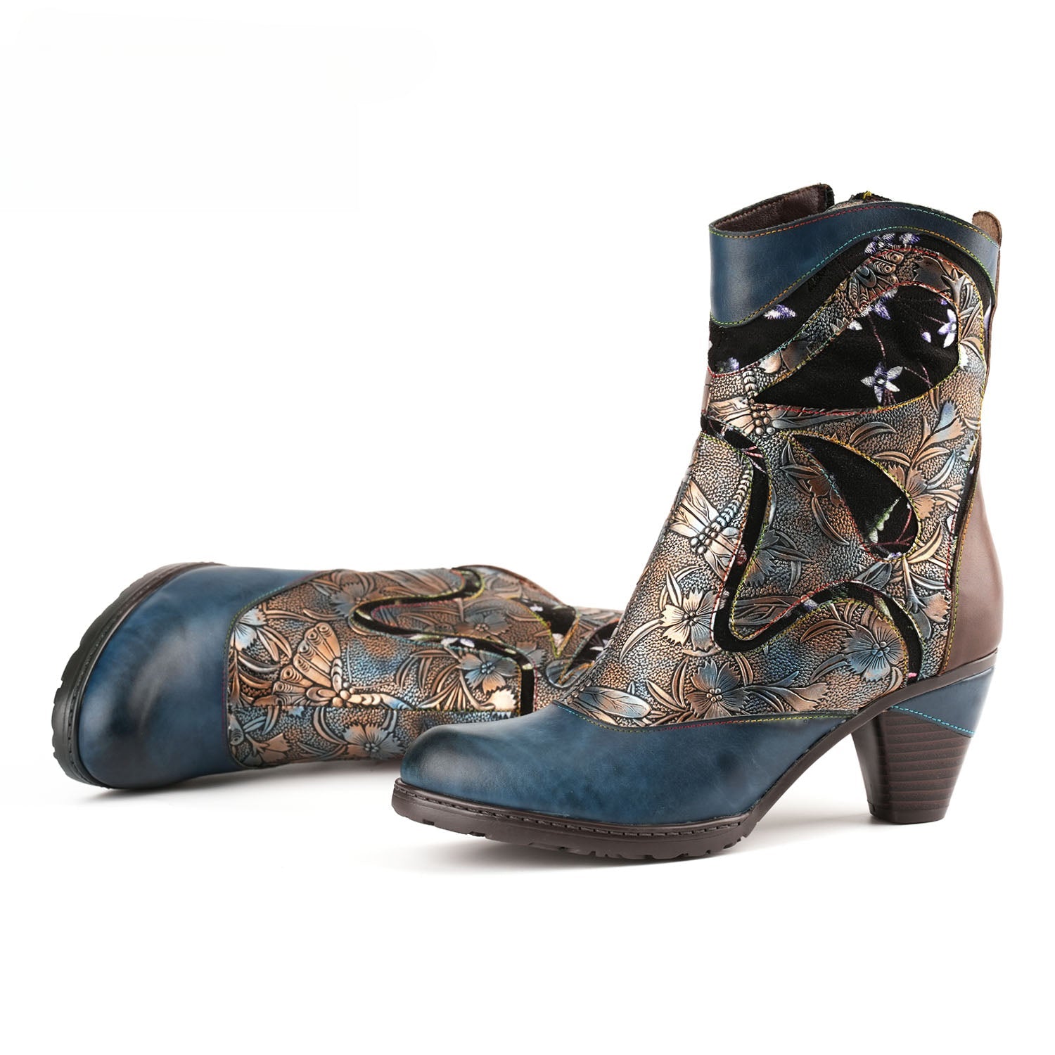 Socofy Vicconfy Retro Painted Genuine Leather Dragonfly Ankle Boots