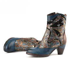 Socofy Vicconfy Retro Painted Genuine Leather Dragonfly Ankle Boots