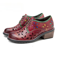 Socofy New style genuine leather retro contrasting hollow lace-up women's shoes