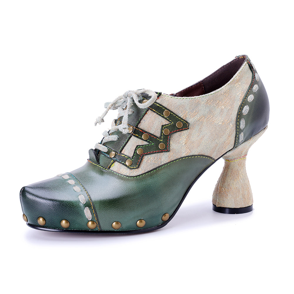 Socofy Vicconfy Genuine Leather Army Green Ethnic Style High Heels