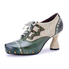 Socofy Vicconfy Genuine Leather Army Green Ethnic Style High Heels