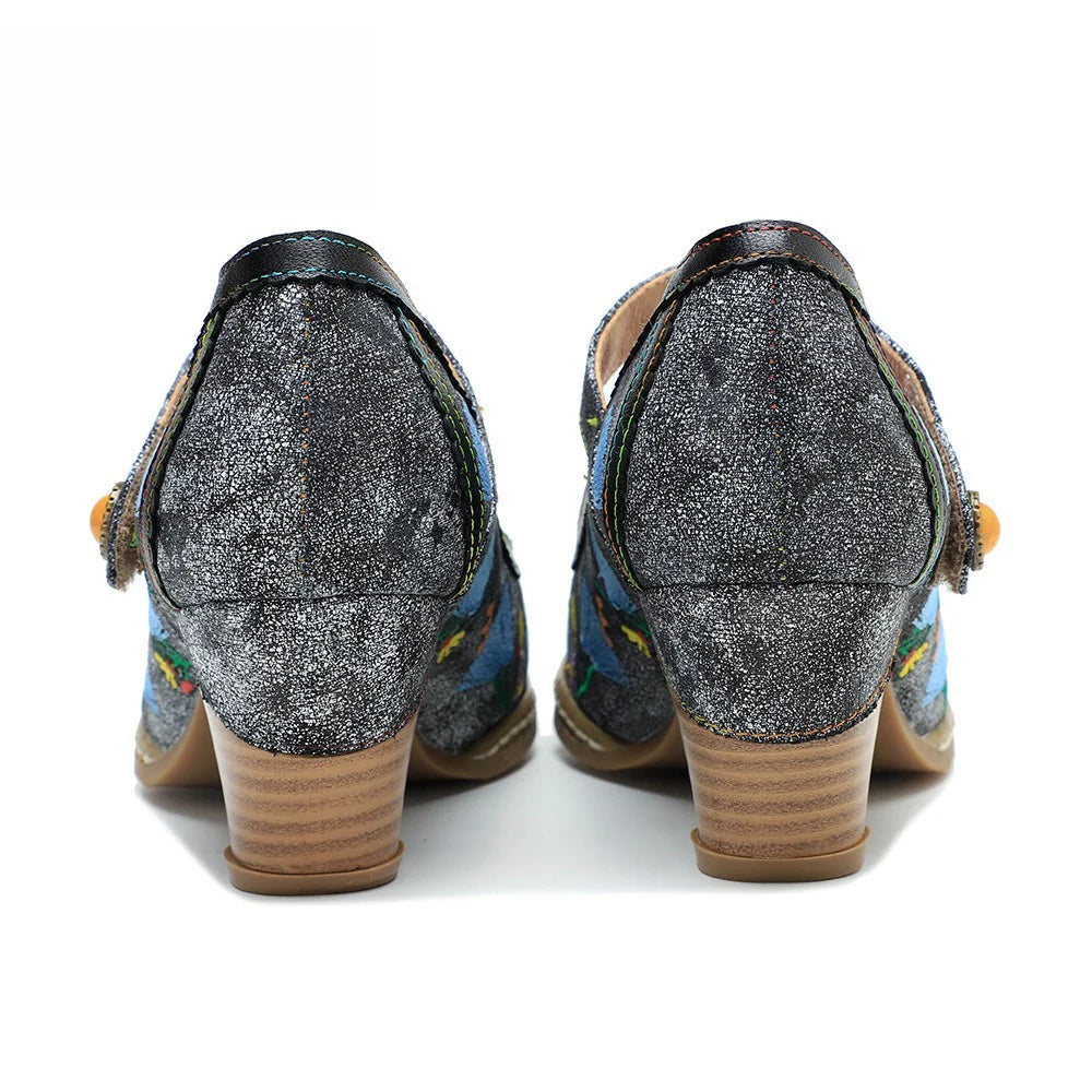 Socofy Spring and summer new retro embroidery Mary Jane thick heeled comfortable high heels