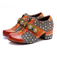Socofy Genuine leather vintage plaid three-dimensional flowers pumps