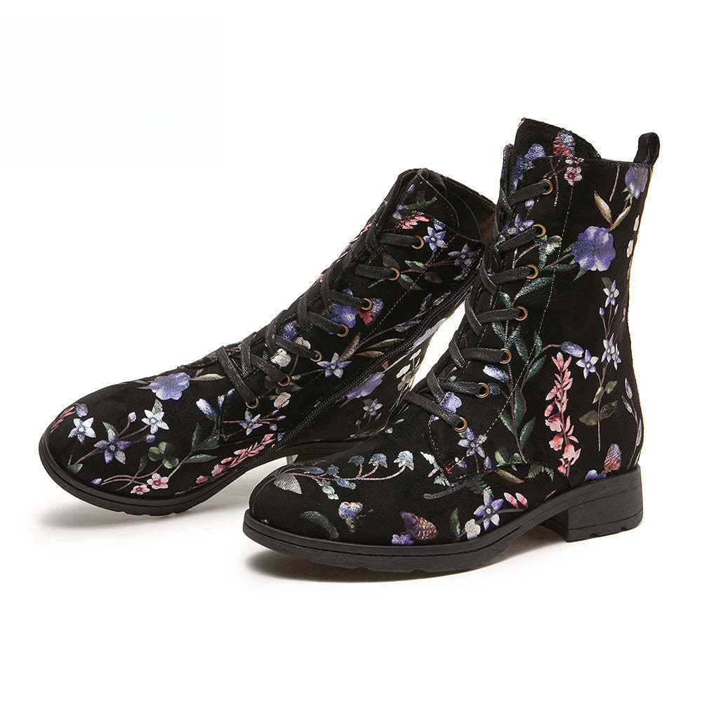 Socofy Autumn and winter warm and wear-resistant mid-calf round-toe cowhide leather fashion boots