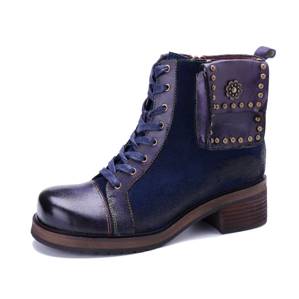 Socofy Handmade Genuine Leather Side Zip Short Boots