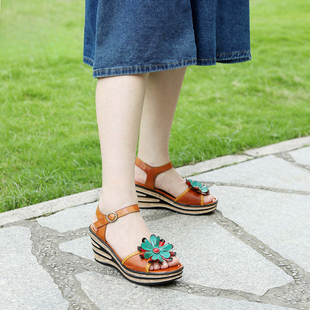 Socofy summer on leather retro three-dimensional flowers casual comfortable sloping sandals