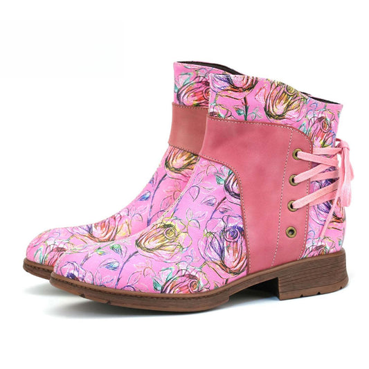 Socofy Vicconfy Retro Leather Blossom Casual Comfort Ankle Boots 1500