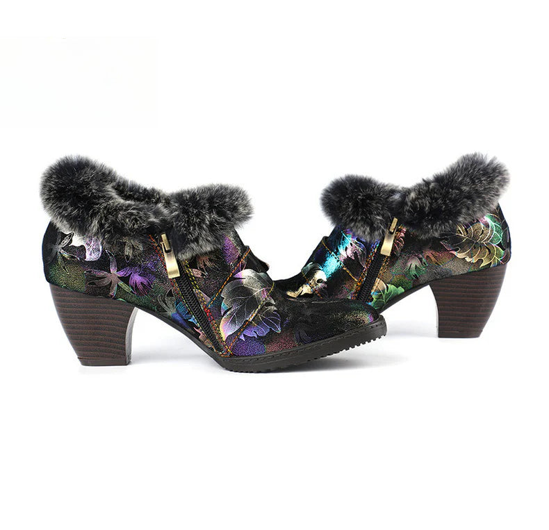 Socofy Vicconfy Genuine Leather Vintage Genuine Wool Patchwork Vintage Illusion Pumps