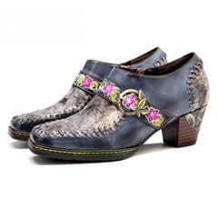 Socofy leather patchwork retro belt buckle chunky heel women's shoes