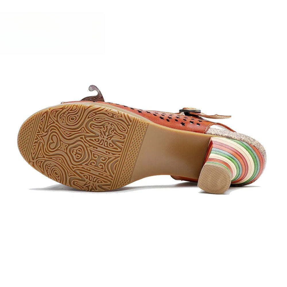 Socofy Summer New Genuine Leather Hand-painted Retro Hollow-out Flower High Heeled Sandals