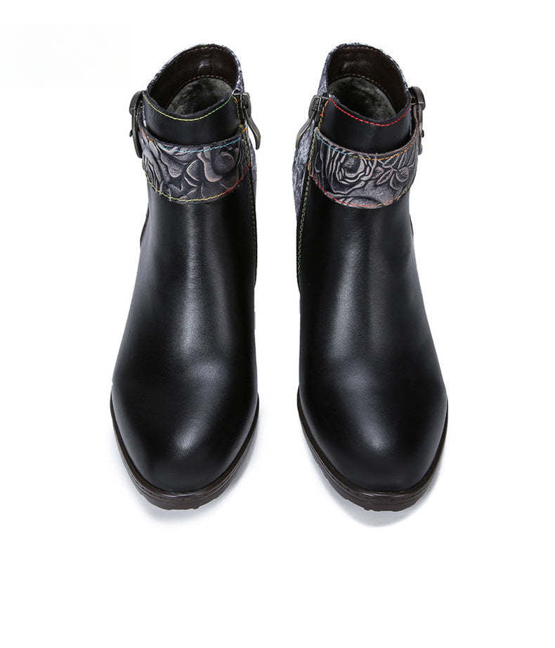 Socofy Vicconfy Vintage Cowhide Leather Boots Fashion Boots Mid Heel Women's Shoes