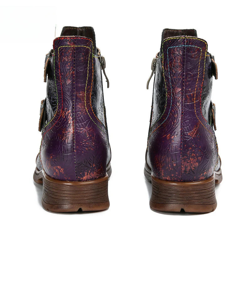 Socofy Vicconfy Genuine Leather Ethnic Vintage Rivet Belt Buckle Boots