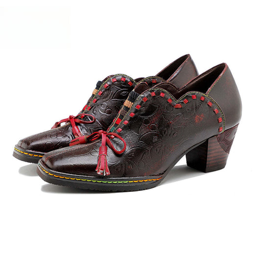 Socofy spot genuine leather bow tassel retro palace style thick heel women's high heels 1000