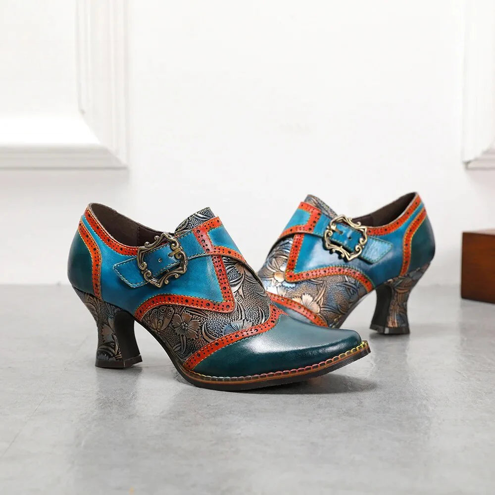 SOCOFY Retro Genuine Leather Square Heel Round Toe Buckle Strap Mixed Colors British Style Novelty Flower Shoes