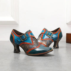 SOCOFY Retro Genuine Leather Square Heel Round Toe Buckle Strap Mixed Colors British Style Novelty Flower Shoes