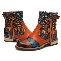 Socofy Vicconfy Genuine Leather Fringe Vintage Boots Flat Boots