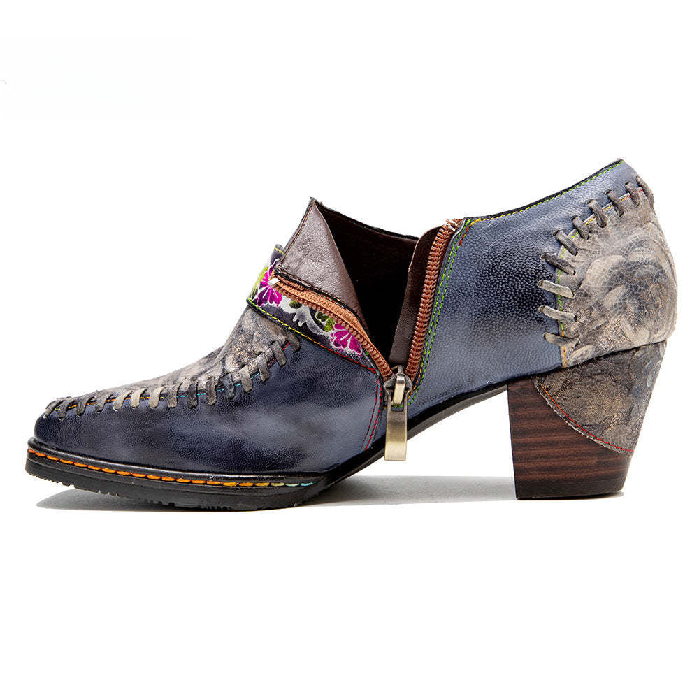 Socofy leather patchwork retro belt buckle chunky heel women's shoes