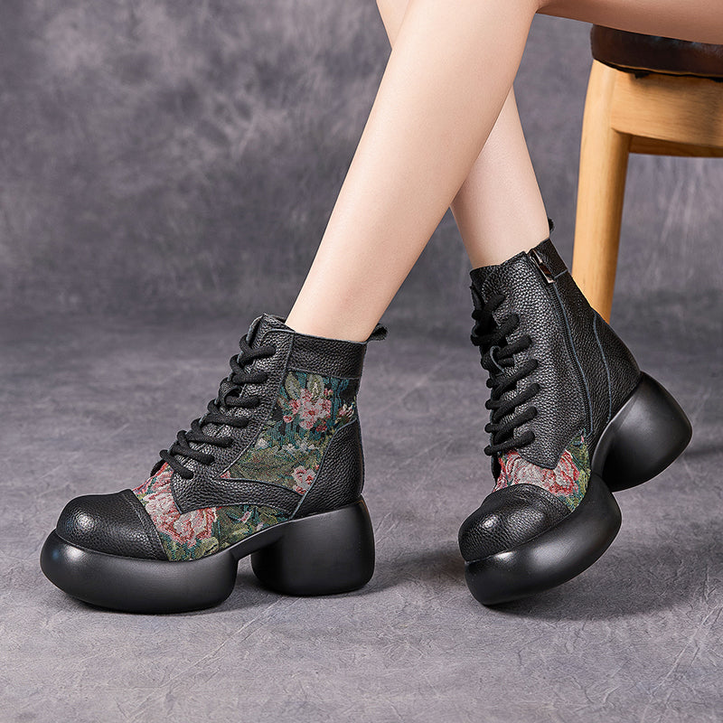 Socofy Retro Chinese Leather Platform Heel Boots