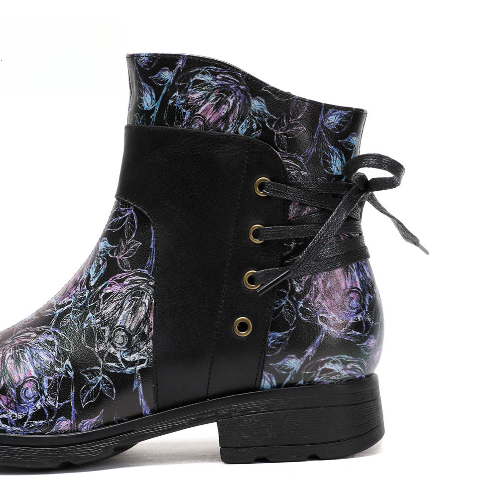 Socofy Vicconfy Retro Leather Blossom Casual Comfort Ankle Boots