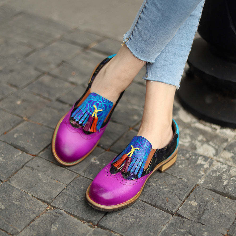 Socofy retro tassel Deco leather women's flat shoes