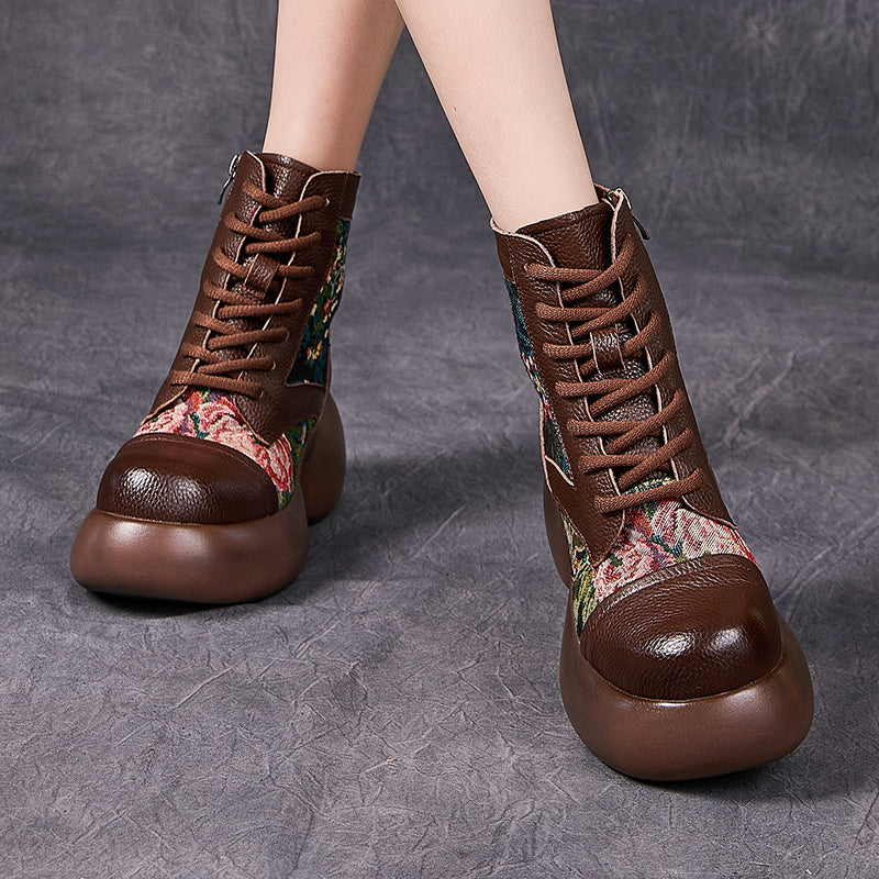 Socofy Retro Chinese Leather Platform Heel Boots