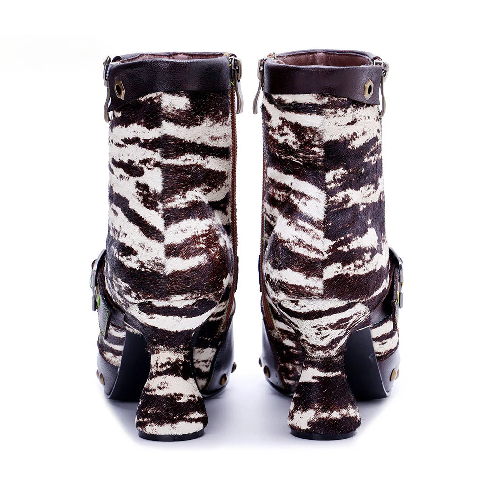 Socofy Vicconfy Retro Handmade Zebra Pattern Buckle Ankle Boots